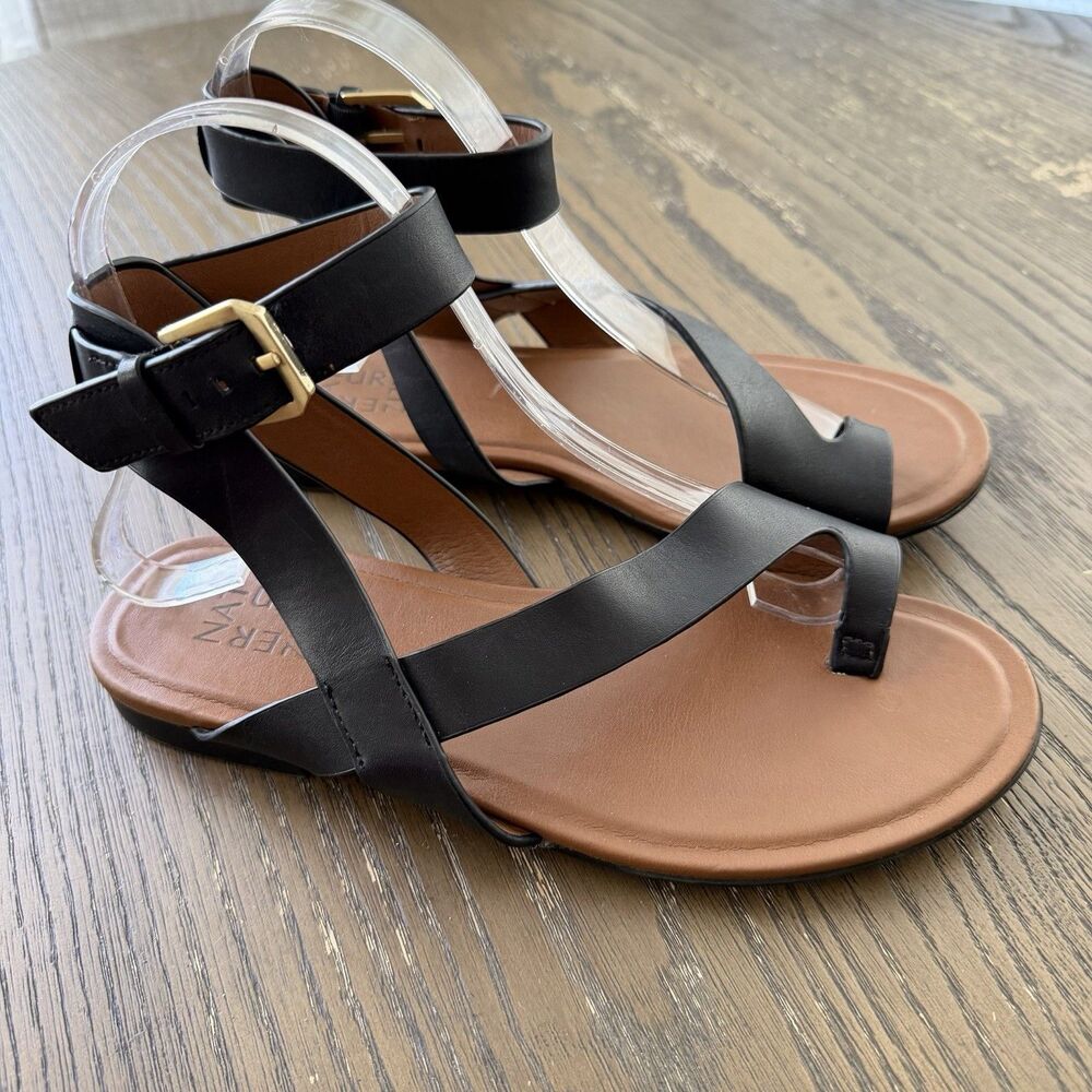 Naturalizer Flat Strappy Sandal Shoe Black Leather Toe Ring Ankle Women Size 7W